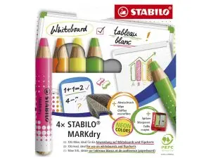 CRAYON MARQUEUR STABILO MARKDRY TABLEAU COLORIS FLUO  ASSORTIS ETUI CARTON 4 UNITES + 1 TAILLE-CRAYON + 1