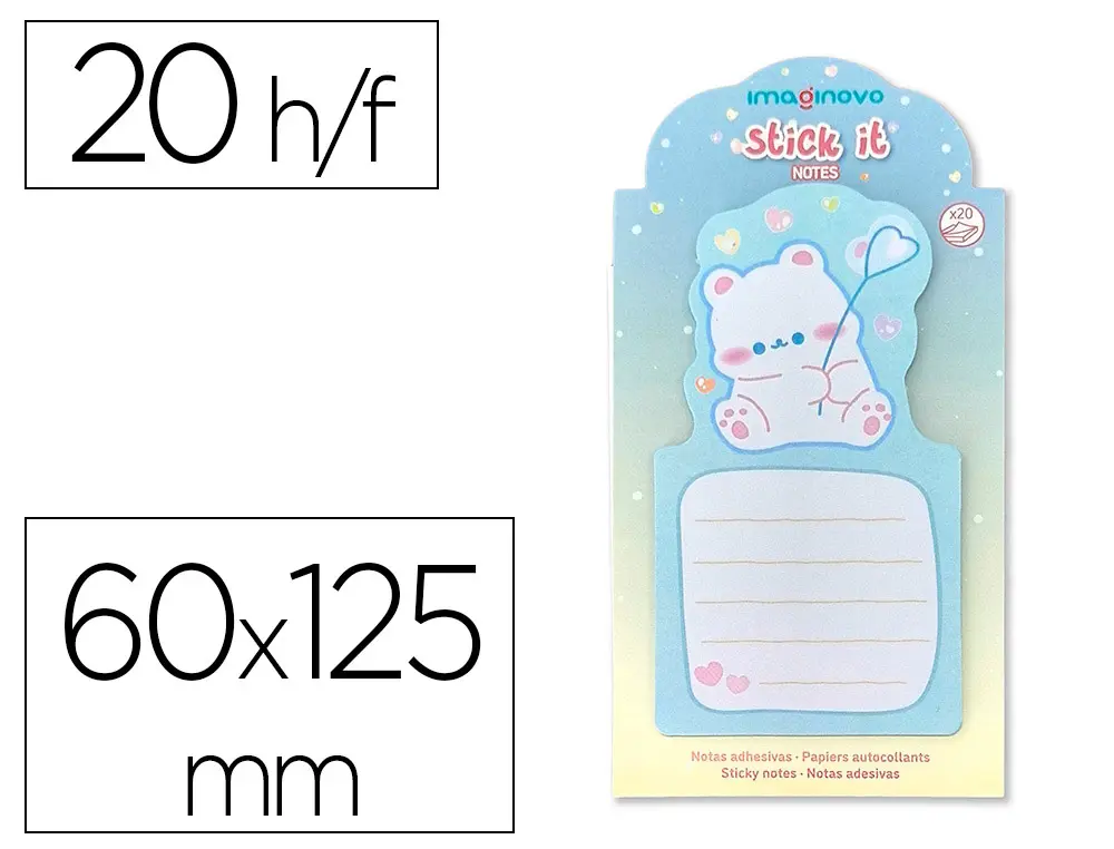 BLOC NOTES IMAGINOVO ADHESIFS BUNNY AVEC SUPPORT OURS BLEU 20 FEUILLES 60X125 MM