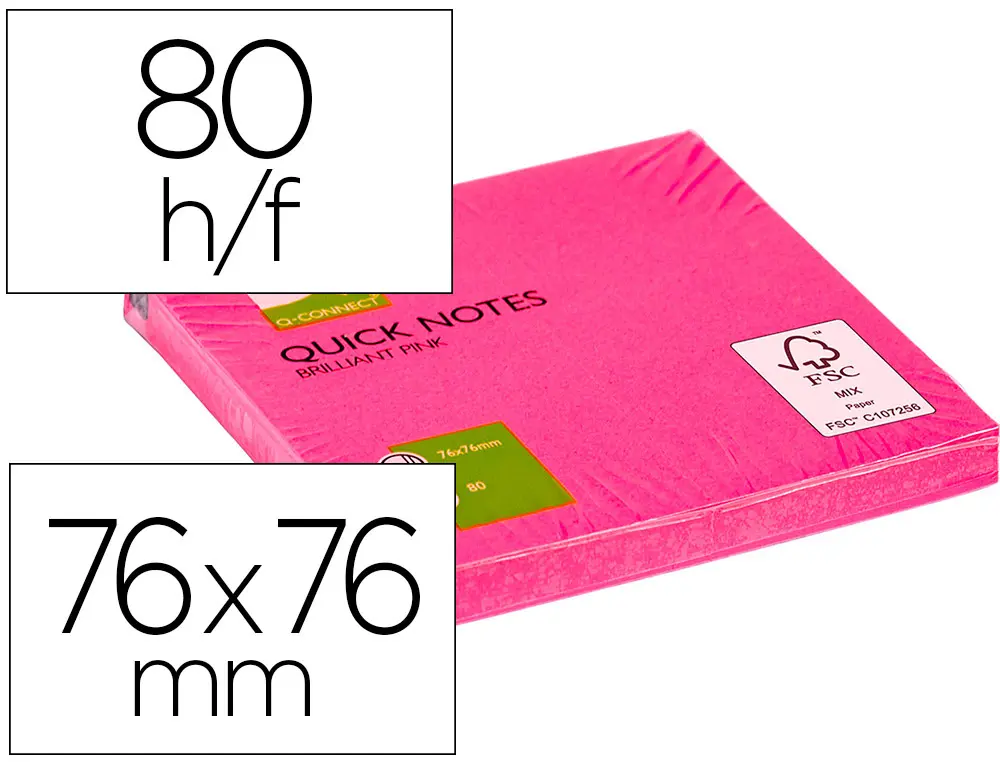 BLOC-NOTES Q-CONNECT QUICK NOTES COULEURS NÉON 76X76MM 80F REPOSITIONNABLES COLORIS ROSE VIF