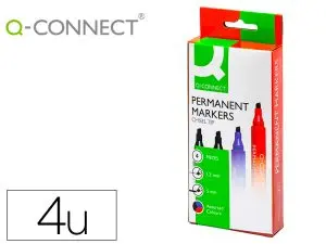 MARQUEUR Q-CONNECT PERMANENT POINTE BISEAUTÉE TRACÉ 5MM RÉSISTANTE CORPS PLASTIQUE POCHETTE 4 UNITÉS