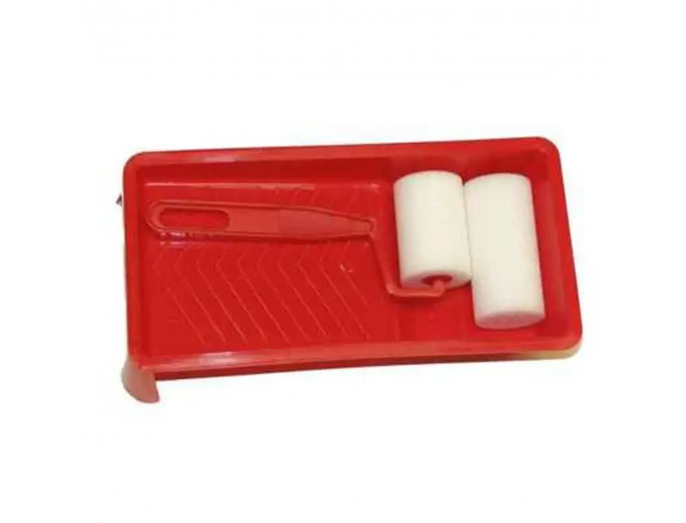 SET ROULEAU A PEINDRE MANCHE PLASTIQUE AVEC 2 MANCHONS 45 ET 70 MM ET 1 BAC A PEINDRE 22X11 CM