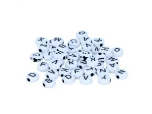 PERLE PLASTIQUE INNSPIRO FORME RONDE PLATE 6MM         IMPRIMEE ALPHABET NOIR SUR    FOND BLANC LOT DE 300 PERLES