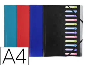 TRIEUR EXACOMPTA 3 RABATS POLYPRO A4 AVEC ELASTIQUES ET FENETRES 12 COMPARTIMENTS     COLORIS ASSORTIS