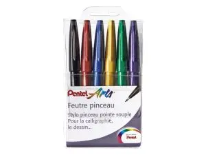 FEUTRE PINCEAU PENTEL ARTS POINTE SOUPLE 2,07MM TRAIT    0,3-0,7MM ENCRE AQUARELLABLE  COLORIS ASSORTIS POCHETTE 6