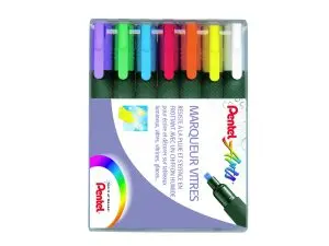MARQUEUR PENTEL VITRE EFFACABLE ENCRE RESISTANTE    PLUIE POINTE BISEAUTE 2MM     COLORIS ASSORTIS POCHETTE 7