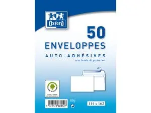 ENVELOPPES BLANCHES OXFORD AUTO ADHESIVES AVEC BANDE DE PROTECTION 80 G 114X162 MM 50 UNITES