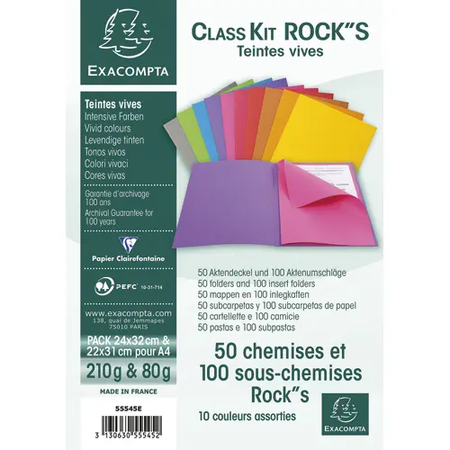 CHEMISE EXACOMPTA ROCK CARTE SOUPLE 240X320MM 210G ET 100 SOUS-CHEMISES 220X310MM 80G COLORIS ASSORTIS LOT 50+100 UNITÉS
