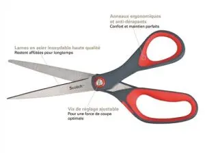 CISEAUX SCOTCH PRÉCISION 180MM LAMES ACIER INOXYDABLE ANNEAUX MATIÈRE ANTIDÉRAPANTE BICOLORE ROUGE/GRIS GARANTIE À VIE