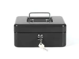 CAISSE MONNAIE Q-CONNECT STRUCTURE ACIER 0.8MM ÉPAISSEUR PLATEAU AMOVIBLE ESPACE BILLETS 200X160X90MM COLORIS NOIR