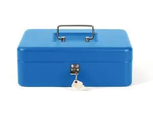 CAISSE MONNAIE Q-CONNECT STRUCTURE ACIER 0.8MM ÉPAISSEUR PLATEAU AMOVIBLE ESPACE BILLETS 250X180X90MM COLORIS BLEU