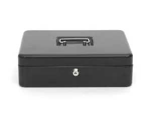 CAISSE MONNAIE Q-CONNECT STRUCTURE ACIER 0.8MM ÉPAISSEUR PLATEAU AMOVIBLE ESPACE BILLETS 300X240X90MM COLORIS NOIR