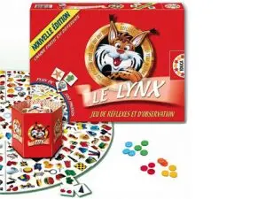 JEU LE LYNX CONTIENT 1 PLATEAU CIRCULAIRE 9 PIÈCES 400 CARTES D'IMAGES 18 JETONS 6 COLORIS 1/6 JOUEURS