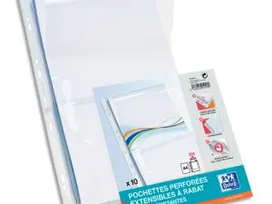 POCHETTE OXFORD PVC LISSE 30/100E PERFORÉE CRISTAL A4 PLANS RABAT SOUFFLET 2CM CAPACITÉ 200F   SACHET 10 UNITÉS