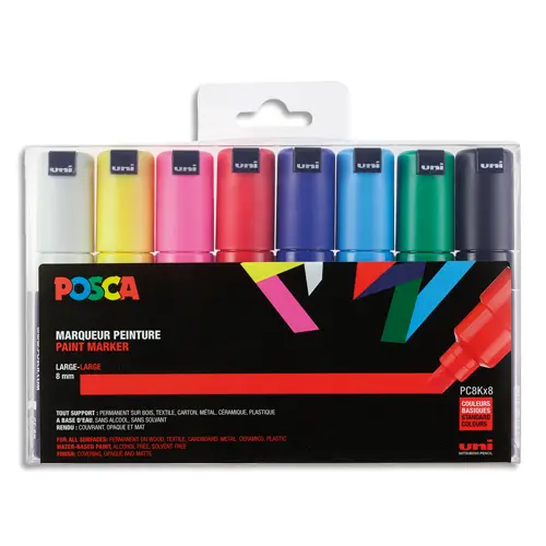 MARQUEUR POSCA PC8K GOUACHE ENCRE INODORE TOUTES SURFACES POINTE LARGE BISEAUTÉE ASSORTIMENT ÉTUI 8 UNITÉS