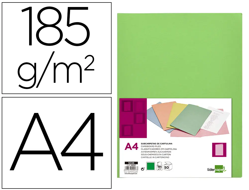 SOUS-CHEMISE LIDERPAPEL PAPIER CARTONNÉ 180G 310X230MM DOCUMENT A4 210X297MM COLORIS PASTEL VERT INTENSE