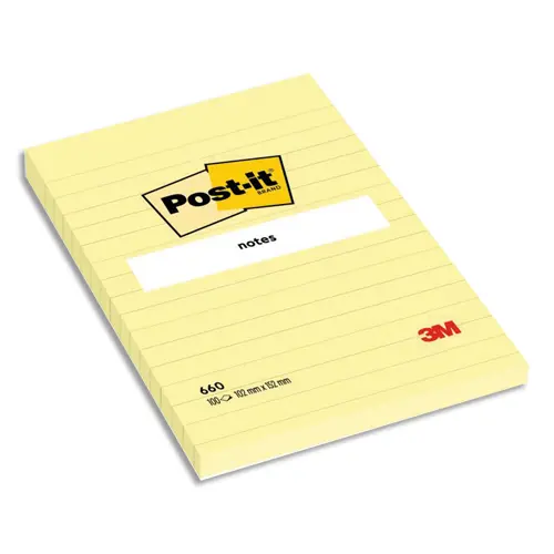BLOC-NOTES POST-IT GRAND FORMAT 102X152MM 100F LIGNÉES REPOSITIONNABLES COLORIS JAUNE