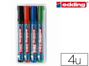 MARQUEUR EDDING PERMANENT CHEVALET E380 POINTE OGIVE TRACÉ 1.5/3MM CORPS PLASTIQUE SPÉCIAL FLIPCHART 4 UNITÉS ASSORTIES