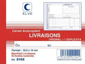 CARNET AUTOCOPIANT ELVE MANIFOLD 105X140MM FOLIOTAGE  2 COPIES 50 DUPLIS LIVRAISONS