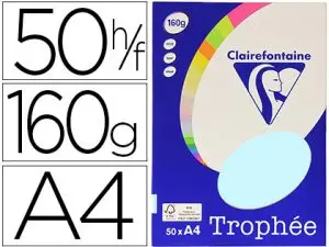 PAPIER COULEUR CLAIREFONTAINE TROPHÉE PERSONAL PAPER PACK A4 160G/M2 BLEU PASTEL PAQUET 50 FEUILLES UNICOLORES