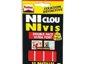 PASTILLE ADHÉSIVE PATTEX NI CLOU NI VIS DOUBLE FACE SUPPORTE 2.75KG ULTRA FORT ÉTUI 10 PASTILLES