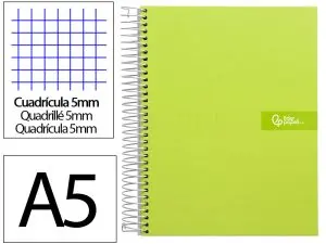CAHIER SPIRALE LIDERPAPEL CRAFTY COUVERTURE CONTRECOLLÉE A5 240P 90G/M2 5X5MM MICROPERFORÉ 6 TROUS COLORIS VERT