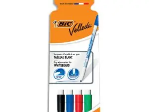 MARQUEUR BIC VELLEDA 1721 EFFAÇABLE POINTE OGIVE 1MM ENCRE ALCOOL SANS ODEUR CORPS PLASTIQUE POCHETTE 4 UNITÉS