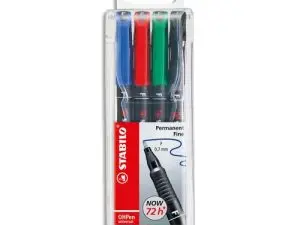 STYLO-FEUTRE STABILO OHP PEN PERMANENT POINTE FINE 0.7MM ENCRE INDÉLÉBILE MULTI-SUPPORTS AGRAFE POCHETTE 4 ASSORTIS