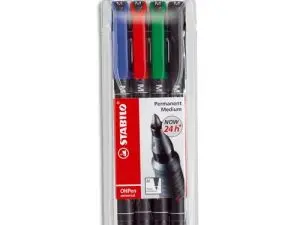 STYLO-FEUTRE STABILO OHP PEN PERMANENT POINTE MOYENNE 1MM ENCRE INDÉLÉBILE MULTI-SUPPORTS AGRAFE POCHETTE ASSORTIE 4U