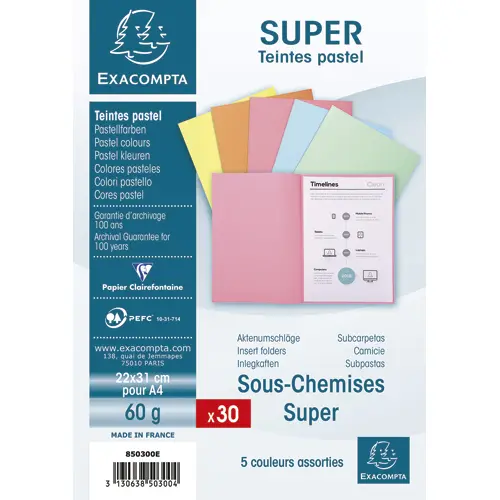 SOUS-CHEMISE EXACOMPTA SUPER 220X310MM 60G COLORIS ASSORTIS PACK 30 UNITÉS