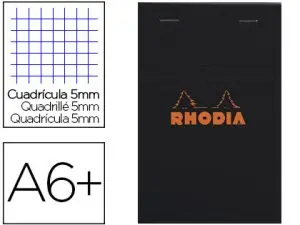BLOC BUREAU RHODIA A6+ PAPIER VÉLIN SURFIN COUVERTURE ENDUITE ENVELOPPANTE 110X170MM 80F DÉTACHABLES 80G 5X5MM NOIR