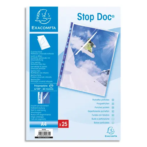 POCHETTE PERFOREE EXACOMPTA STOP DOC A4 PP LISSE 6/100EME 60 MICRONS PAQUET 25 UNITES