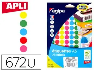 PASTILLE ADHÉSIVE APLI AGIPA DIAMÈTRE 15MM COLORIS ASSORTIS POCHETTE 672 UNITÉS