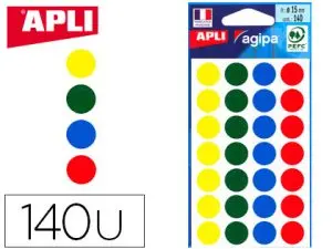 PASTILLE ADHÉSIVE APLI AGIPA DIAMÈTRE 15MM COLORIS ASSORTIS POCHETTE 140 UNITÉS