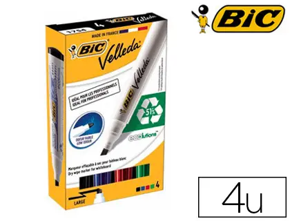 MARQUEUR BIC VELLEDA 1751 EFFAÇABLE POINTE BISEAUTÉE TRACÉ 2/5MM ENCRE BASE ALCOOL INODORE CORPS PLASTIQUE BOÎTE 4U