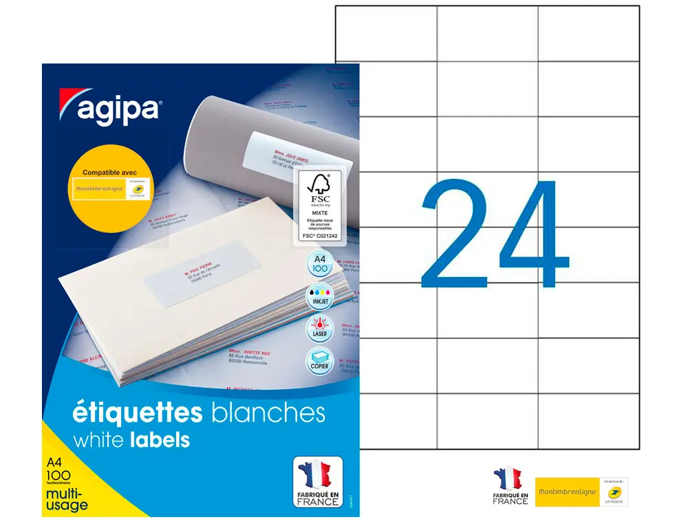 ÉTIQUETTE ADHÉSIVE APLI AGIPA MULTI-USAGE 70X37MM TOUTE IMPRIMANTE BOÎTE 2400 UNITÉS