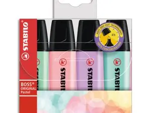 SURLIGNEUR STABILO BOSS PASTEL TRACÉ 2/5MM POINTE BISEAUTÉE ENCRE UNIVERSELLE BASE EAU RÉSISTANTE LUMIÈRE POCHETTE 4U