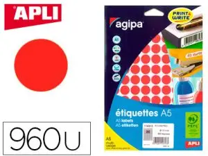 PASTILLE ADHÉSIVE APLI AGIPA DIAMÈTRE 15MM COLORIS ROUGE ÉTUI A5 POCHETTE 960 UNITÉS