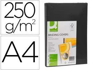COUVERTURE Q-CONNECT CARTON 250G GRAIN CUIR POUR RELIURE FORMAT A4 COLORIS NOIR PAQUET 100 UNITÉS