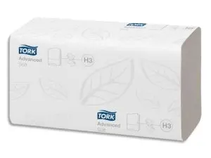ESSUIE-MAINS TORK H3 PLIÉS EN V 23X25CM OUATE BLANCHE MÉLANGÉE GAUFRÉE DOUBLE ÉPAISSEUR LOT 15 PAQUETS 250 UNITÉS