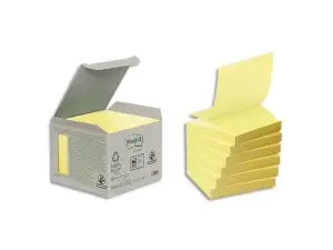 BLOC-NOTES POST-IT Z-NOTES PAPIER RECYCLÉ 76X76MM 100F/BLOC REPOSITIONNABLES COLORIS JAUNE BOÎTE 6 BLOCS