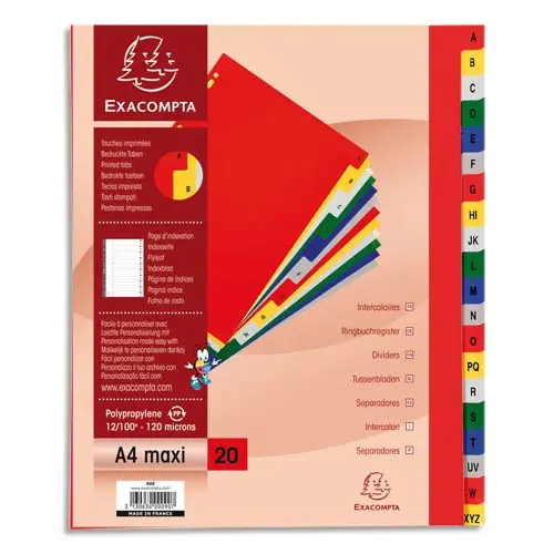 INTERCALAIRE EXACOMPTA A4+ ALPHABETHIQUE A-Z PP 20 ONGLETS INDEX + COLORIS ASSORTIS
