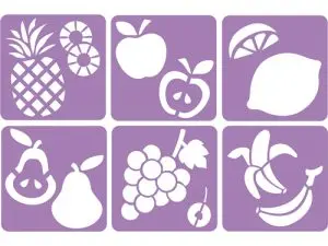 POCHOIRS SODERTEX MON VERGER EN PLASTIQUE INCASSABLE 5MM   140X140MM 6 PCS COLORIS       ASSORTI