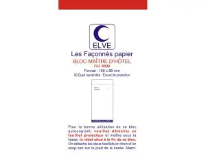 BLOC MAÎTRE D'HÔTEL ELVE PAPIER AUTOCOPIANT NUMÉROTÉ 1/50 85X150MM 50 DUPLIS BLEU ROUGE