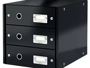 BOÎTE CLASSEMENT LEITZ CLICK&STORE 3 TIROIRS CARTON FORT 286X282X358MM PORTE-ÉTIQUETTE OEILLET PRÉHENSION COLORIS NOIR