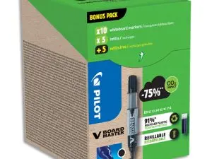 PACK PILOT V-BOARD MASTER 10 MARQUEURS EFFACABLES A SEC    POINTE CONIQUE MOYENNE 10 RECHARGES 5 OFFERTES COLORIS NOIR