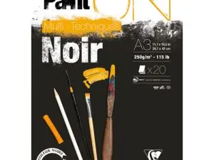 BLOC DE DESSIN ENCOLLE CLAIREFONTAINE PAINT'ON. PAPIER MULTI TECHNIQUE 250G NOIR. FORMAT A3 29,7 X 42CM
