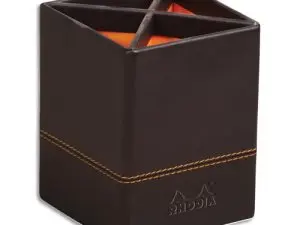 POT   CRAYONS RHODIARAMA QUATRE COMPARTIMENTS EN SIMIL CUIR NOIR VELOUT   8X8X11CM