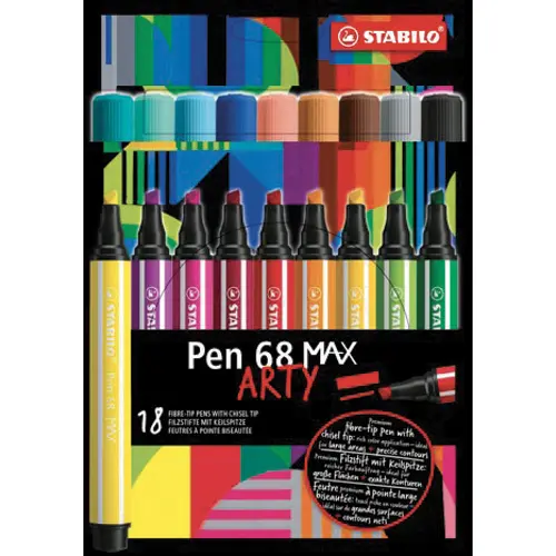 FEUTRE COLORIAGE STABILO PEN 68 MAX ARTY ENCRE AQUARELLABLEPOINTE LARGE BISEAUTEE ETUI CARTON 18 COLORIS ASSORTIS