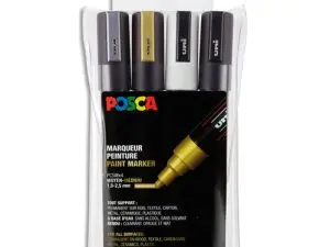MARQUEUR POSCA PC5M GOUACHE POINTE CONIQUE MOYENNE COLORIS NOIR BLANC ARGENT OR POCHETTE DE 4UN