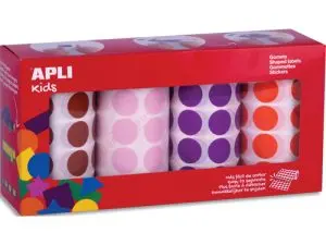 GOMMETTE APLI KIDS PERMANENTE RONDE 20MM COLORIS ROSE MARRON LILAS ORANGE BOÎTE 4 ROULEAUX